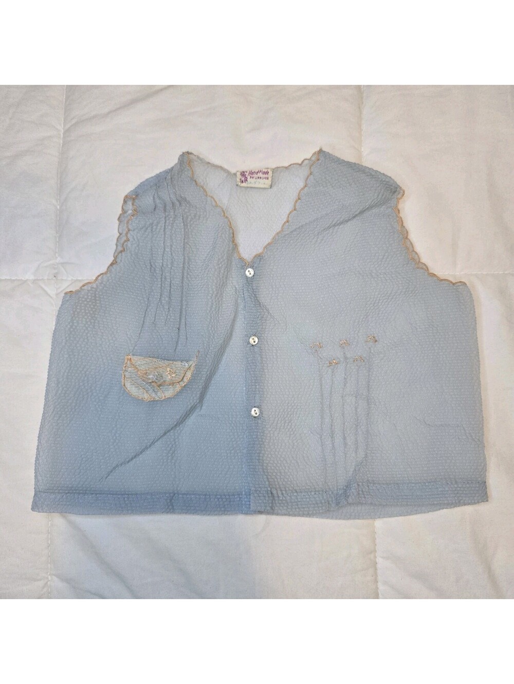 VTG Handmade Baby Toddler Blue Sheer Button Down Vest Shirt Pocket Embroidered